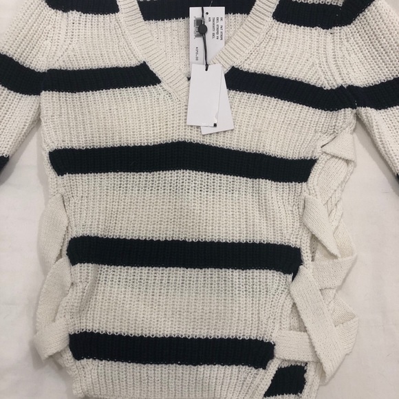 Derek Lam Lace-Up Side V Neck Striped Sweater - Picture 4 of 4